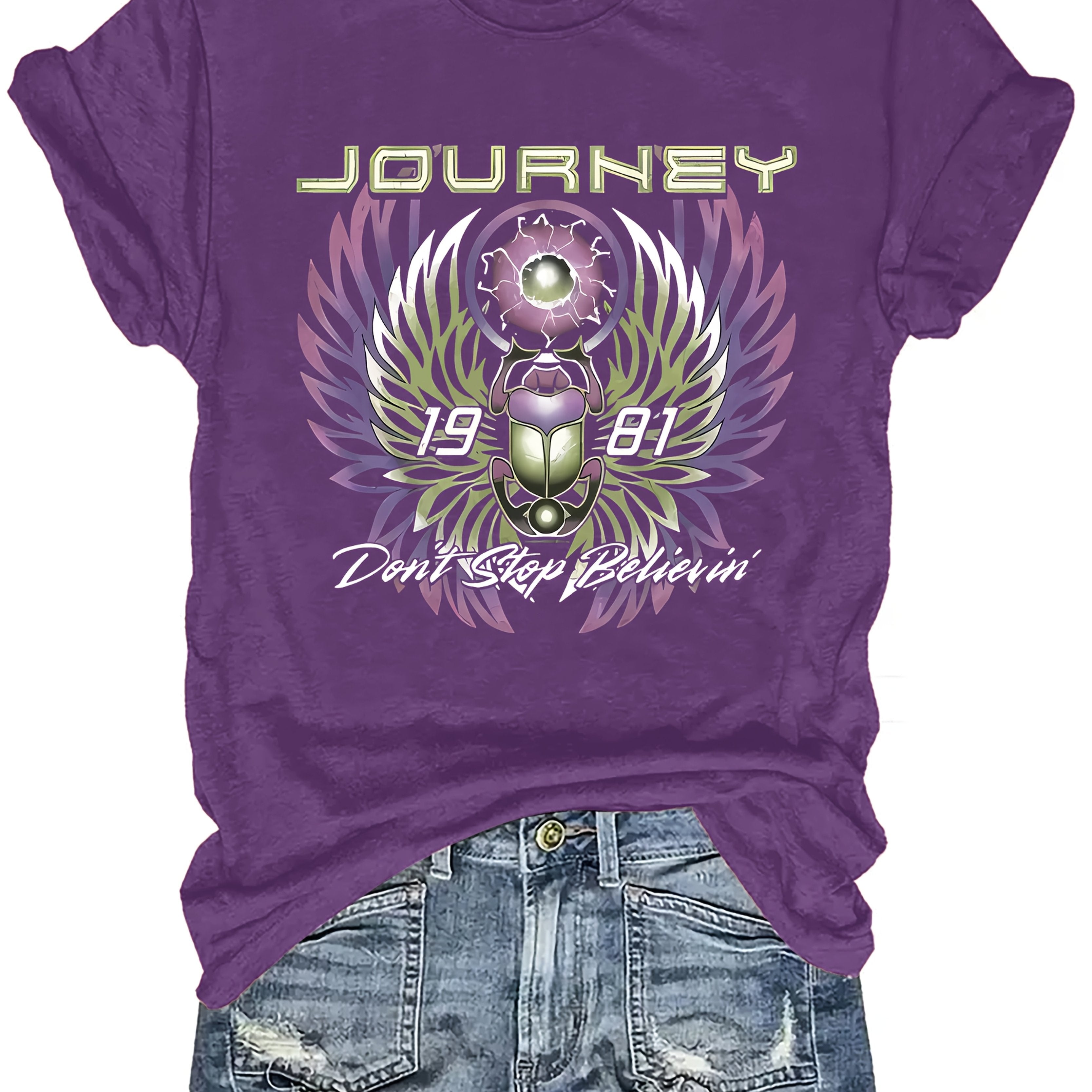 TEMU Rock Heritage, Journey Believin' 1981 Print T-shirt, Short Sleeve Crew Neck Casual Top For Summer & Spring, Women's Clothing