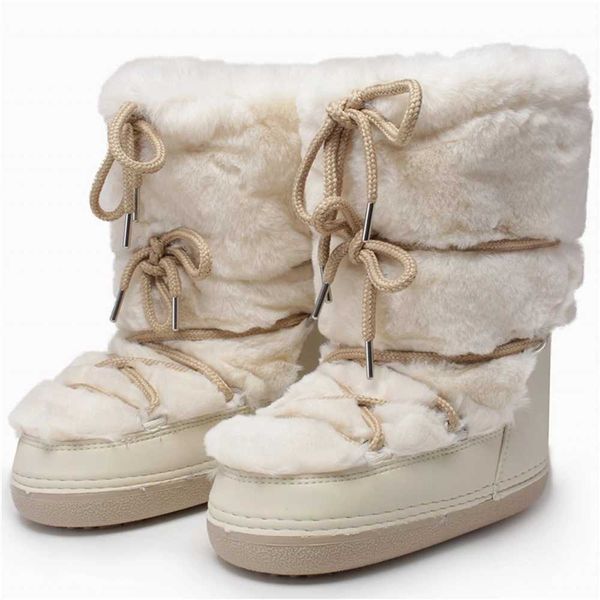 Boots Womens Trend of Beige Fur Leather 2024 Winter Snow Luxury Fluffy Artificial Comfortable Waterproof Wide Calf H241120
