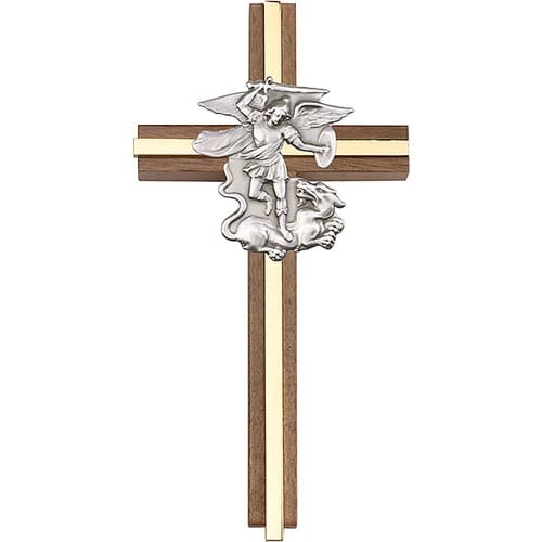 6 inch St. Michael Cross, Walnut w- Antique Silver inlay