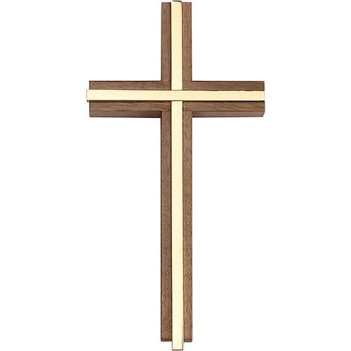 6 inch Plain Crucifix, Walnut w- Polished Brass inlay