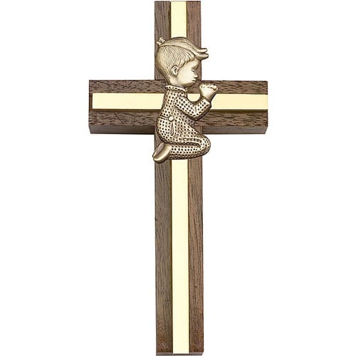 4 inch Praying Boy Cross, Walnut w- Antique Gold inlay