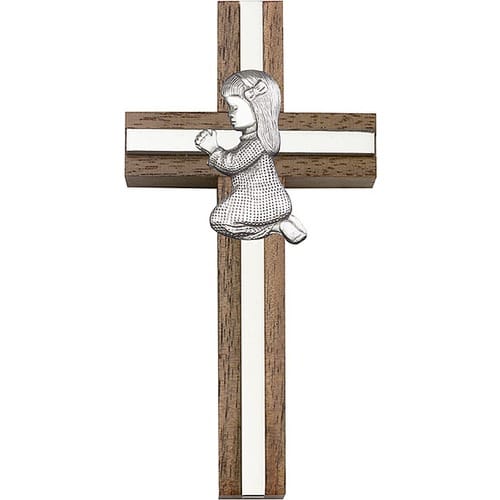 4 inch Praying Girl Cross, Walnut w- Antique Silver inlay