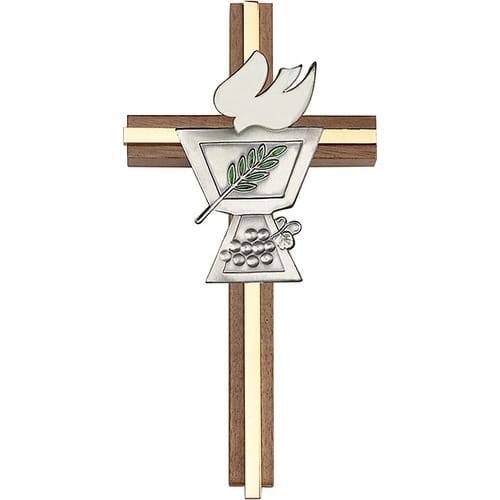 6 inch Enameled Confirmation Chalice Cross, Walnut w- Antique Silver inlay