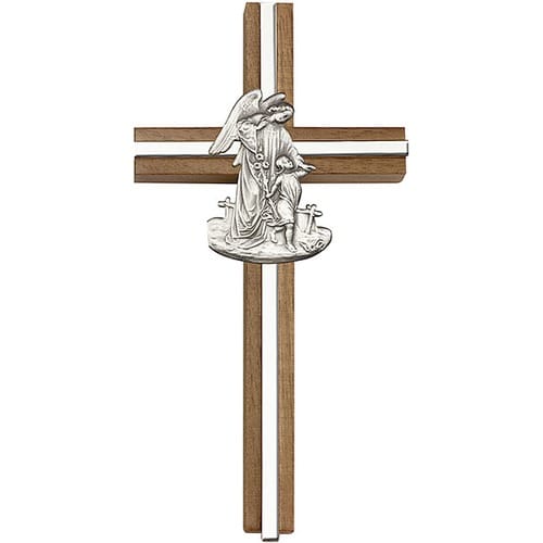 6 inch Guardian Angel Cross, Walnut w- Antique Silver inlay