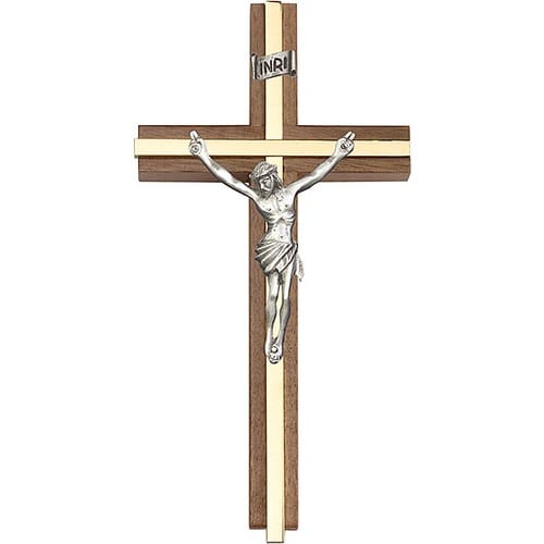 6 inch Antique Silver Crucifix, Walnut w- Polished Brass inlay