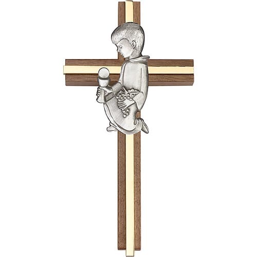 6 inch Communion Boy Cross, Walnut w- Antique Silver inlay