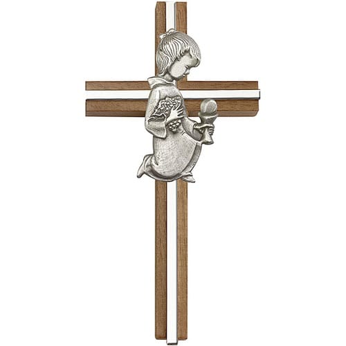 6 inch Communion Girl Cross, Walnut w- Antique Silver inlay