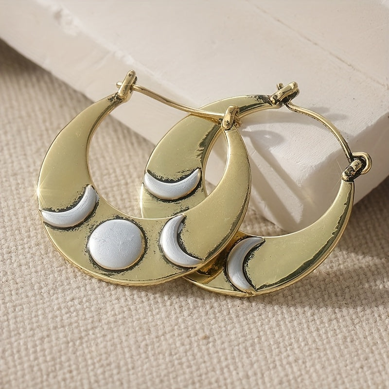 TEMU Vintage Bohemian Large Copper Hoop Earrings - Triple Crescent Design, Handcrafted Artisan Kc Golden-plated Jewelry For Casual Attire & Christmas