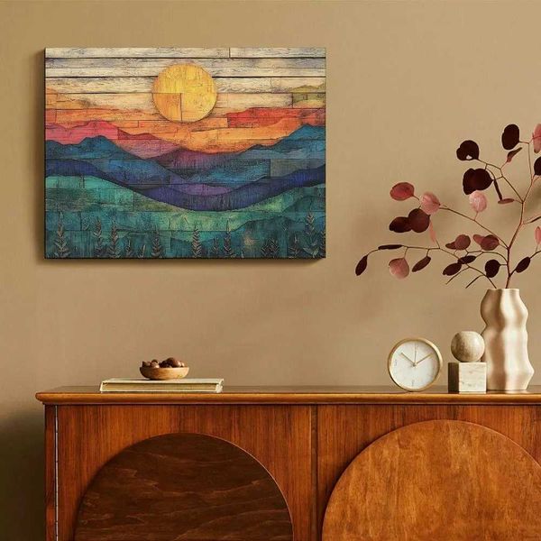 1 piece of wooden frame canvas art painting laminated wood grain pattern sun and floating hall living room decoration Y250111