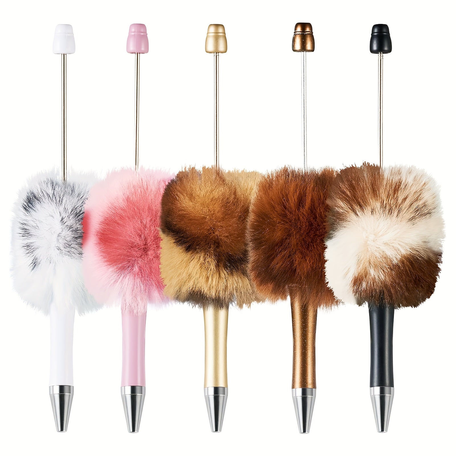 TEMU 5-pack Boho Style Fluffy Pom Pom Beadable Ballpoint Pens, Assorted Animal Print Plastic Pens With Black Ink, Diy Craft Decoration Supplies For