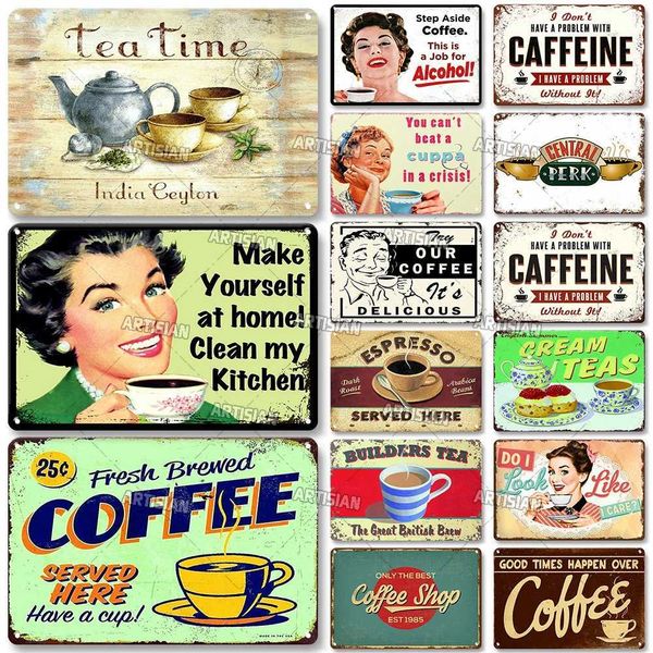 Vintage Coffee Metal Tin Sign Decorative Plate Retro Tea Time Metal Poster Home Bar Cafe Indutrial Decor Old Wall Metal SignsXJ241010