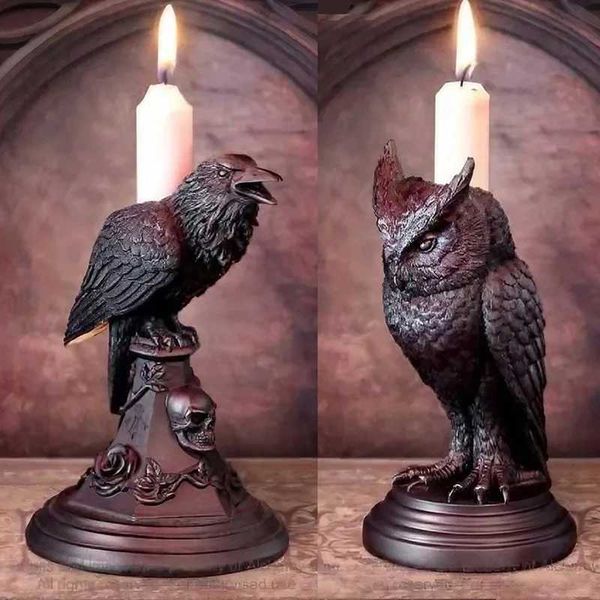 Candle Holders Gothic Crow Candle Holder Retro Black Owl Candlestick Resin Sculpture Craft Halloween Statue Fun Atmosphere Home Decoration J