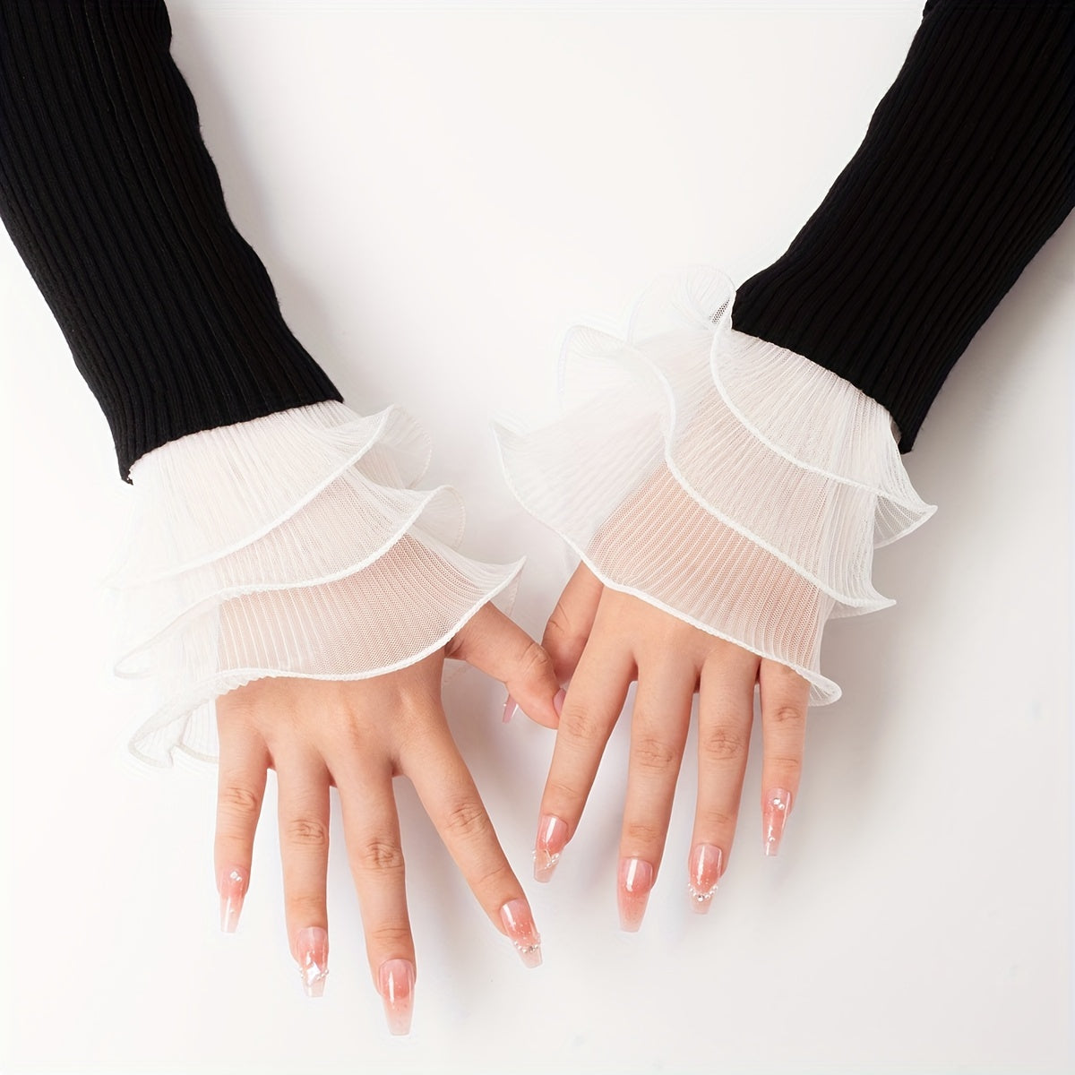 TEMU 1 Pair Women's Elegant 3-layer Tulle Elastic Sleeves - Stretchy Decorative Cuffs For Dresses, Blouses & Outfits, Hand Wash-, Versatile Fashion