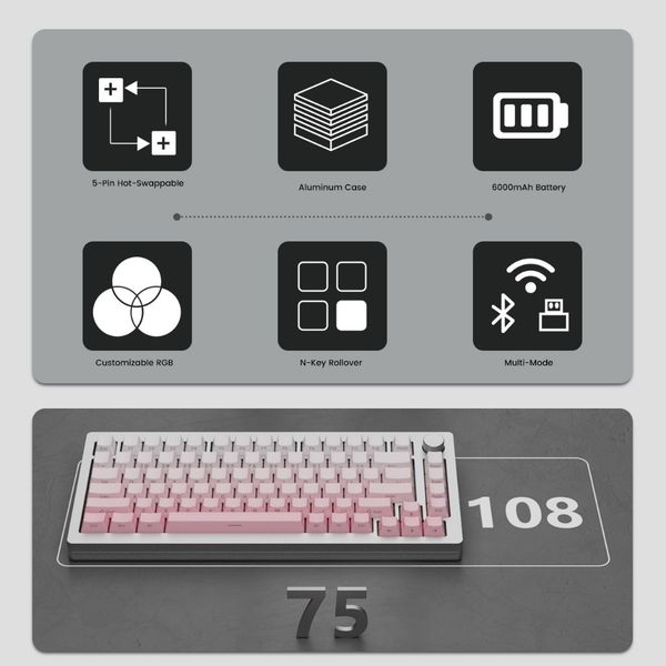 Akko Monsgeek M1W Keyboard 75% Multi-modes Aluminum CNC Mechanical Keyboard Gasket-Mount With Side-printed Shine-through Keycaps