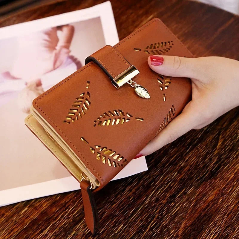 Women Wallet Hollow Leaves Pouch Handbag Fashion PU Leather Purse for Coin Card Holders Clutch 241029
