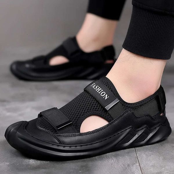 Men&#039;s Summer Leather Breathable Mesh Sandals Outdoor Casual Portable Walking Shoes Non-slip Comfortable Black Beach Shoe dhshoesw