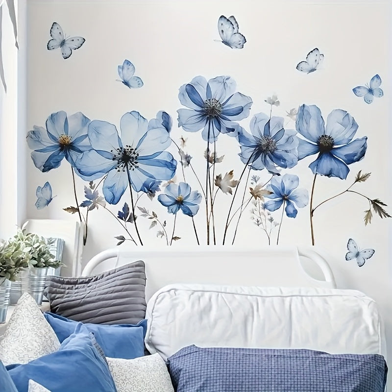 TEMU 1pc Blue Flowers And Butterflies Sticker, Suitable For Bedroom, Living Room Home Decor Wall Decals, Self-adhesive Wallpaper For Family Bedroom