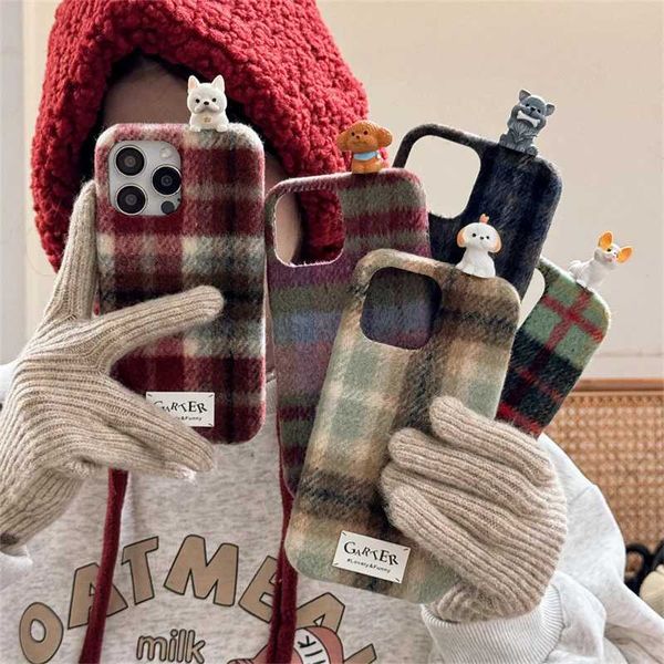 Caixa de telefone com tecido simples de cão 3D KAWAII Adequado para iPhone 16 Pro 13 15 Pro Max Cover coreano CARE fofo CASO FUMA FEMAN ADEQ