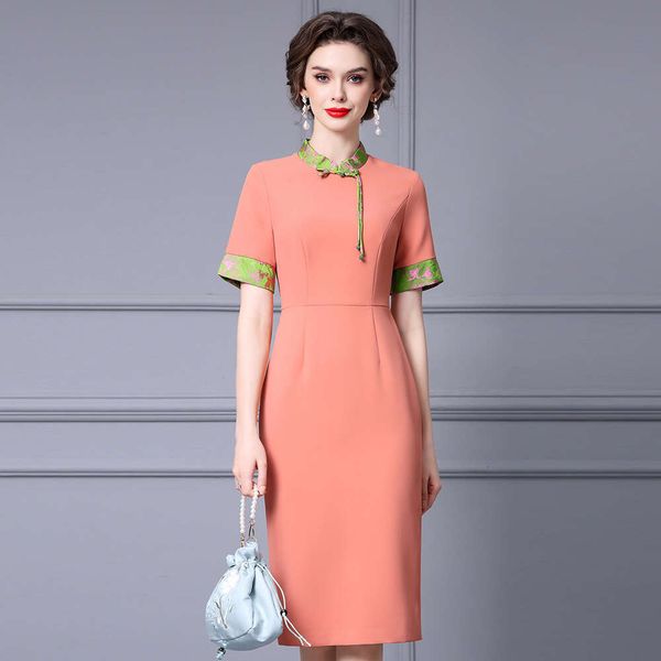 Smart Patchwork Dress with A Noble Temperament Standing Collar and Buckle New Chinese Style Improved Cheongsam Dress Summer 2024 Loose Denim