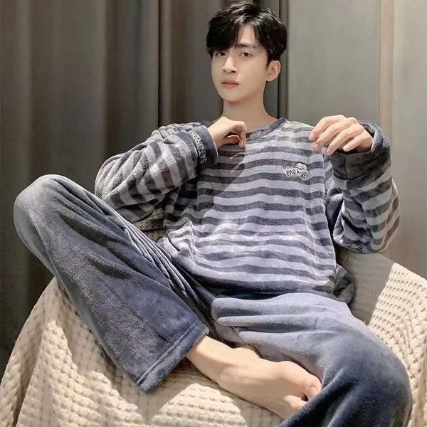Winter Flannel Pajamas Men Korean Version of the Striped Padded Long-Sleeved Cartoon Nightwear Homewear Set Sleepwear LoungewearXJ241116