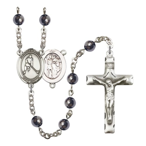 St. Sebastian-Ice Hockey 6mm Hematite Rosary