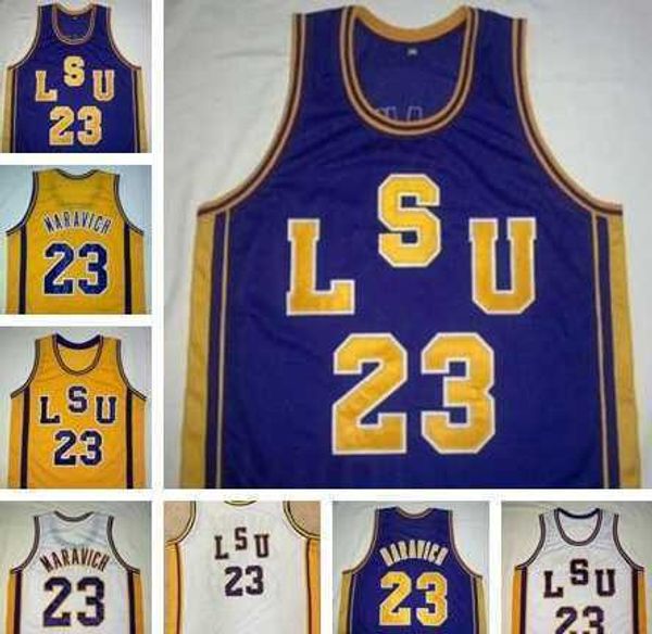 Custom Basketball NCAA #23 Pete Maravich LSU Tigers Vintage Jerseys Purple White Yellow Retro College Basketball Stitched Men Kids Youth