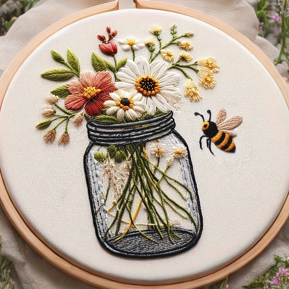 TEMU Beginner Embroidery Set: 3 Elegant Spring And Summer Patterns (, Hot Air Balloon, And Bee Vase) Including Printed Fabric, Embroidery Thread,