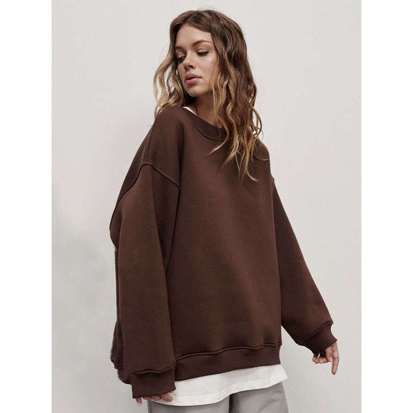 Round neck loose fit women&#039;s 2024 autumn and winter street solid color Oversize fleece pullover hoodie