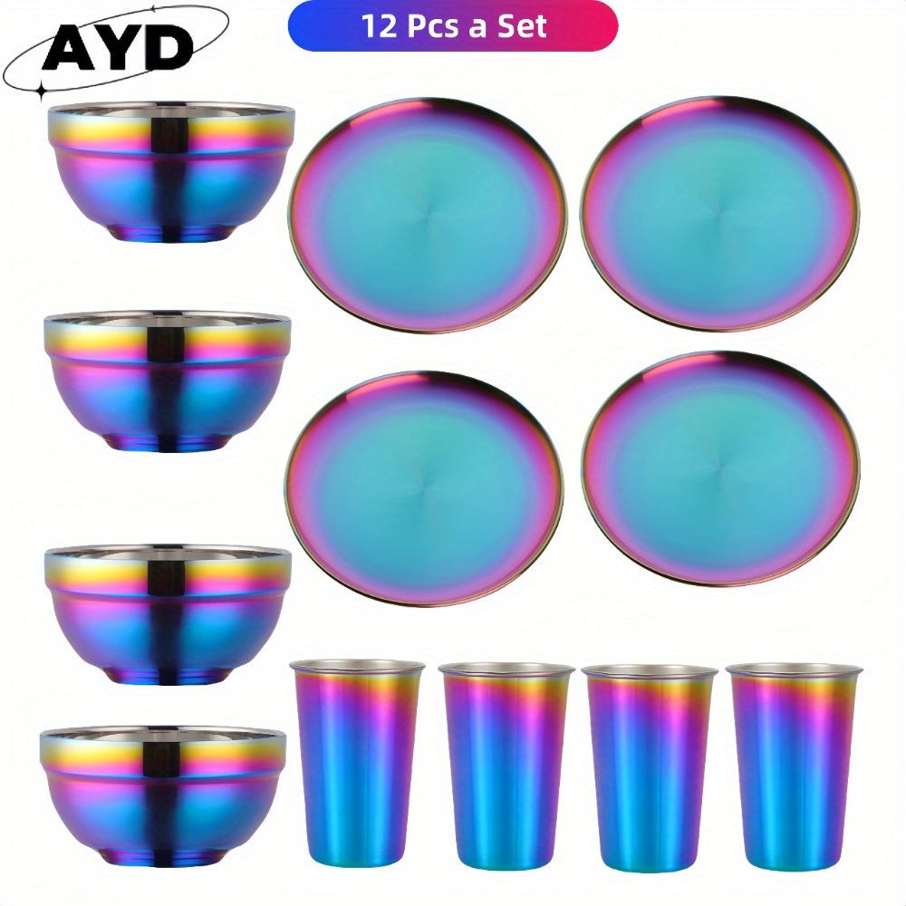 TEMU 36- 12pcs Rainbow Stainless Steel Camping Tableware Kit - 6 Sets Plates Bowls Cups With Forks Spoons Knives | Lightweight Dishware For Picnic
