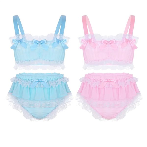 Mens Kawaii Sissy Lingerie Set Ruffled Lace Chiffon Crop Top Skirted Petticoated Panties Crossdress Costume Gay Pajamas Outfit 240914