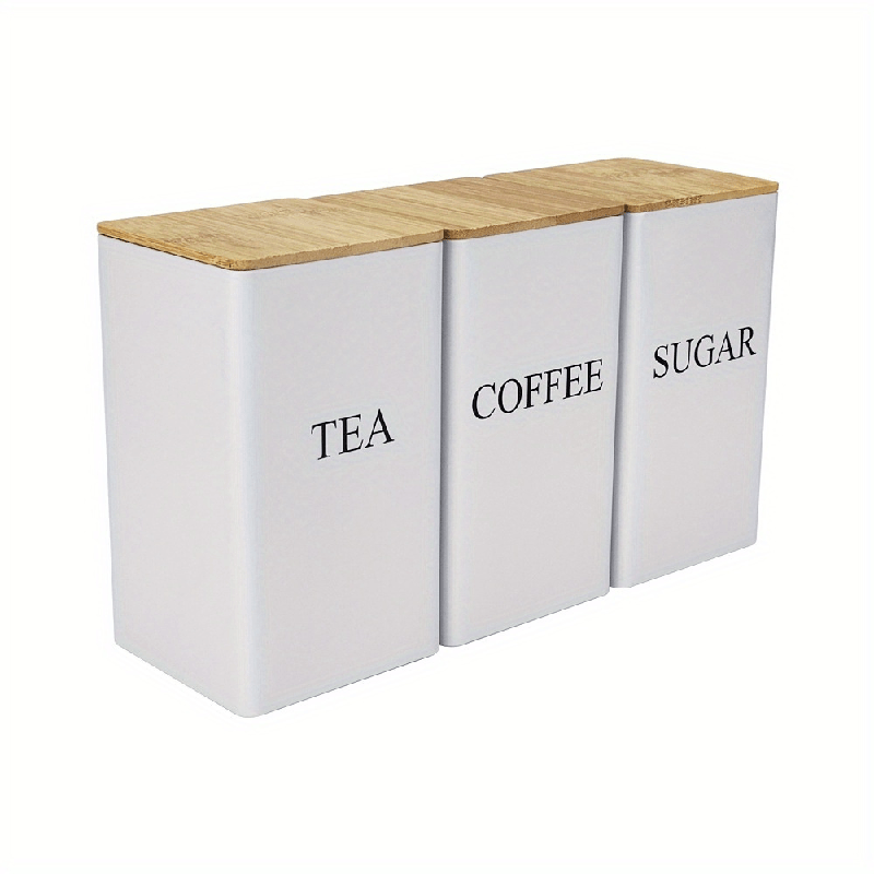 TEMU 3pcs Tea, Coffee, Sugar Combination Set Storage Boxes - Can Store Tea, Coffee, , Candy, Etc. - Bamboo Lid - Metal Storage Container - Kitchen