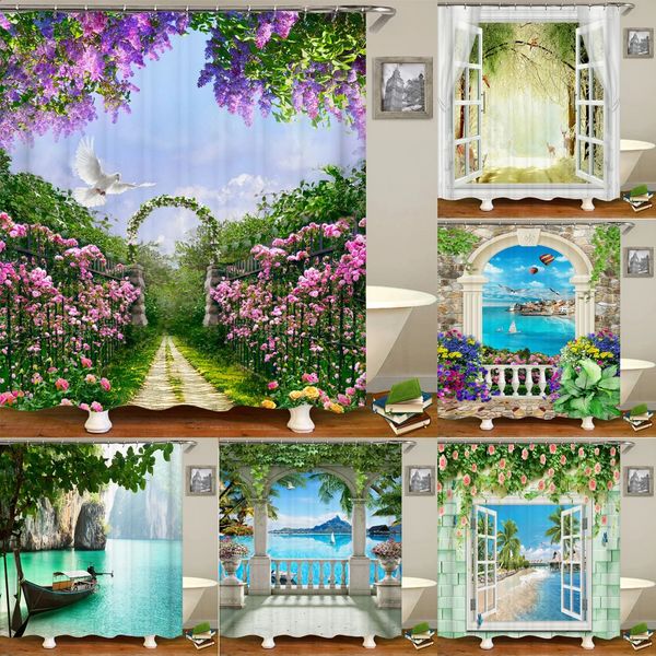 High quality home decoration shower curtains with hooks natural scenery waterproof bathroom printing 240828