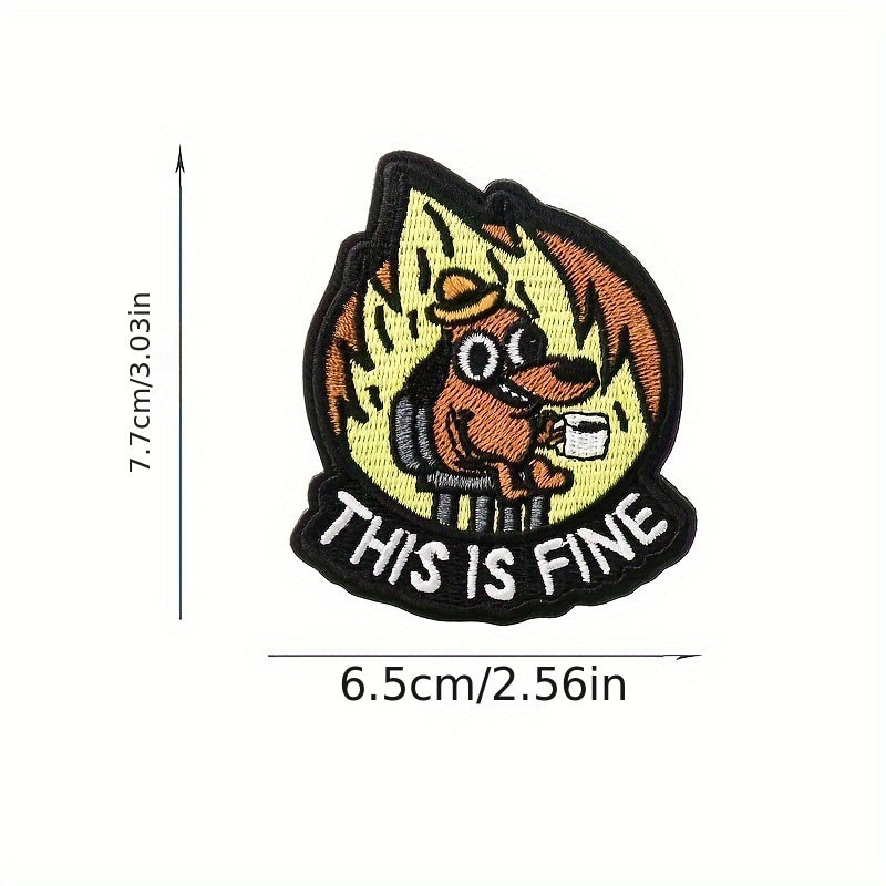 TEMU 1pc Humorous Dog Meme With "this Is This Is Fine" Text - Embroidered Iron-on-sewing Hook & Loop Backing For Backpacks, Jackets, Hats - White