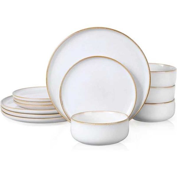 Dinnerware Sets for 4 12-Piece Stoneware Plates and Bowls Set Reactive Glaze Dishes Dinning Ware SetChip Scratch Resistant Y240902
