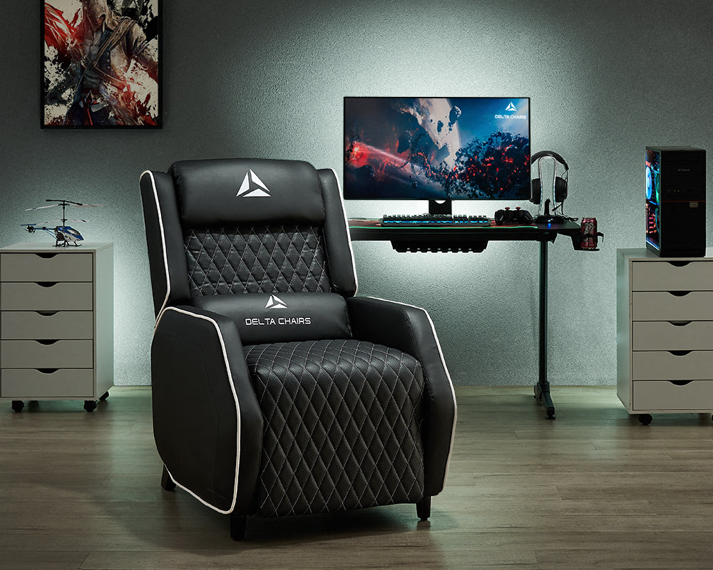 Delta Gaming Recliner Armchair with Footrest Office, Desk, Computer Chair for Gaming, Black With White Trim