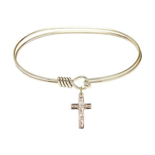Adult 7&amp;quot; Oval Gold Plated Bangle Bracelet with Cross Charm