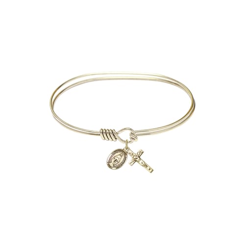 Adult 7&amp;quot; Oval Gold Plated Bangle Bracelet with Miraculous-Crucifix Charm