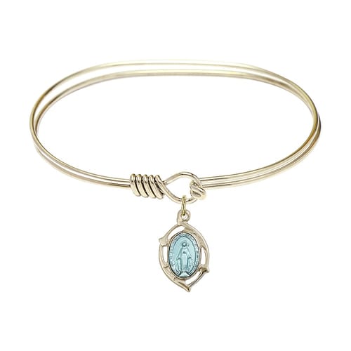 Adult 7&amp;quot; Oval Gold Plated Bangle Bracelet with Miraculous Leaf Charm