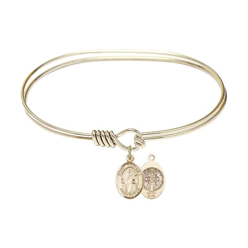 Adult 7&amp;quot; Oval Gold Plated Bangle Bracelet with St. Benedict Medal Charm