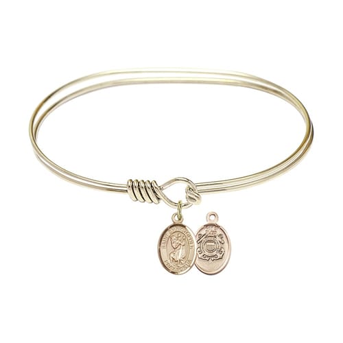 Adult 7&amp;quot; Oval Gold Plated Bangle Bracelet with St. Christopher-Coast Guard Medal Charm