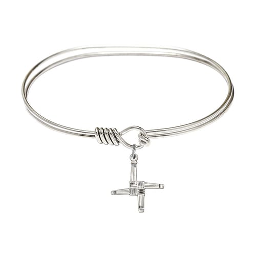 Adult 7&amp;quot; Oval Rhodium Plated Bangle Bracelet with St. Brigid Cross Medal Charm