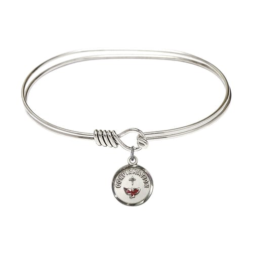 Adult 7&amp;quot; Oval Rhodium Plated Bangle Bracelet with Confirmation Charm