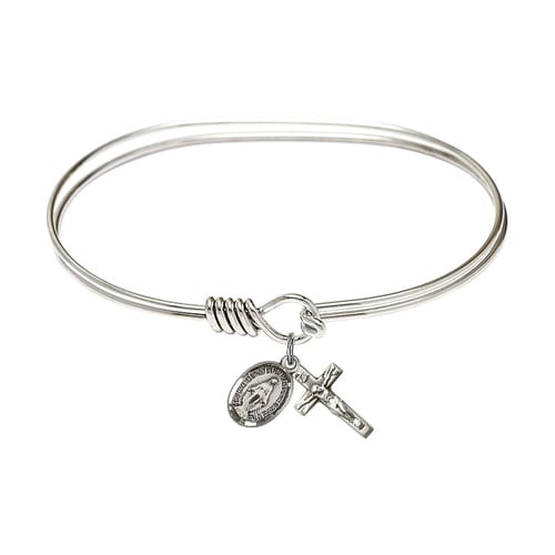 Adult 7&amp;quot; Oval Rhodium Plated Bangle Bracelet with Miraculous-Crucifix Charm