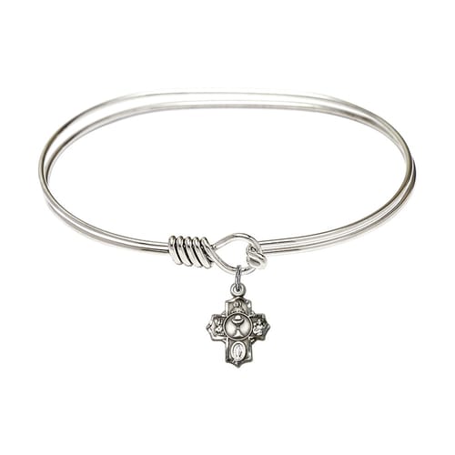Adult 7&amp;quot; Oval Rhodium Plated Bangle Bracelet with Communion 5-Way Charm