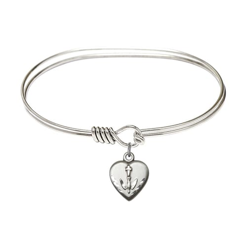 Adult 7&amp;quot; Oval Rhodium Plated Bangle Bracelet with Heart - Confirmation Charm