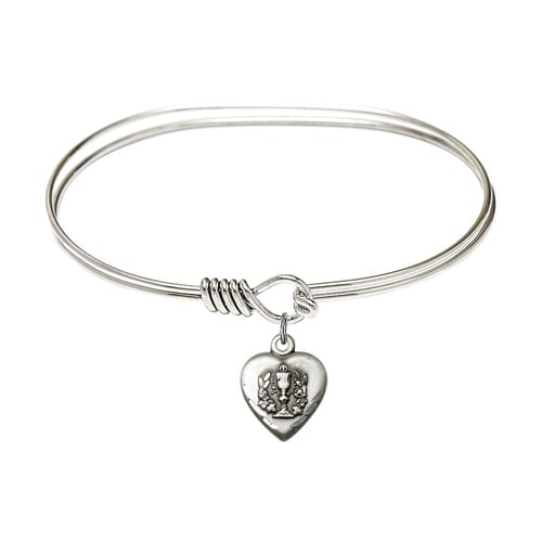 Adult 7&amp;quot; Oval Rhodium Plated Bangle Bracelet with Heart - Communion Charm
