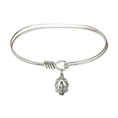 Adult 7&amp;quot; Oval Rhodium Plated Bangle Bracelet with Miraculous Charm