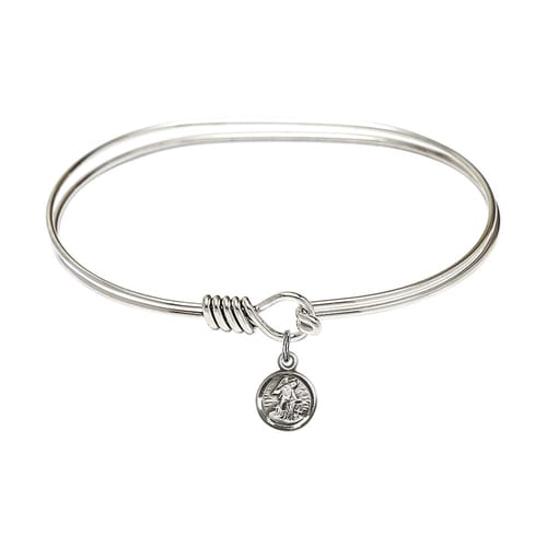 Adult 7&amp;quot; Oval Rhodium Plated Bangle Bracelet with Guardian Angel Charm