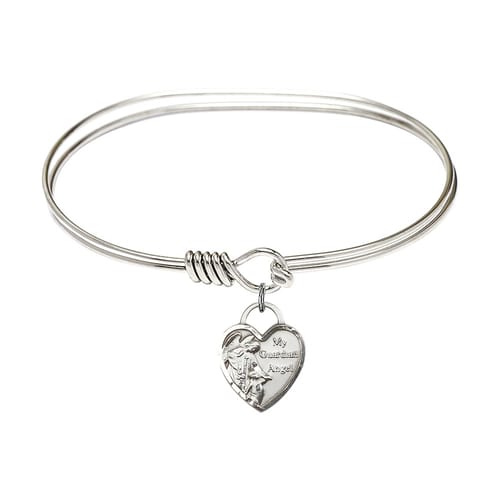 Adult 7&amp;quot; Oval Rhodium Plated Bangle Bracelet with Guardian Angel Heart Charm