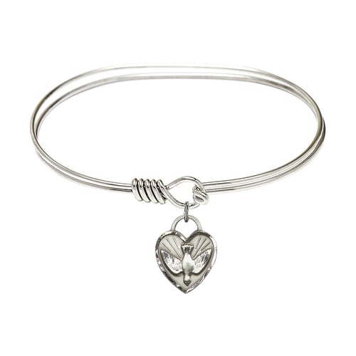 Adult 7&amp;quot; Oval Rhodium Plated Bangle Bracelet with Confirmation Heart Charm